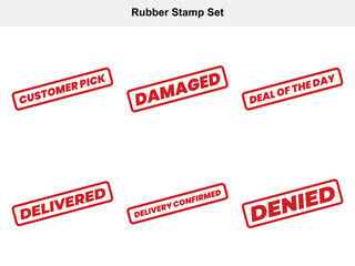 Set of Isolated Rectangle Rubber Stamps with Various Text in Red on White