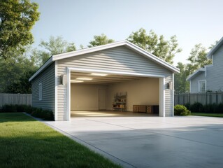 Garage Entryway: a clean exterior shot of a garage entrance in daylight, revealing its spacious and well-lit interior