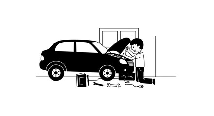 Mechanic inspecting car engine under open hood automotive repair garage scene