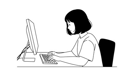 Young woman working typing on keyboard at desk with computer screen and chair minimalist sketch style
