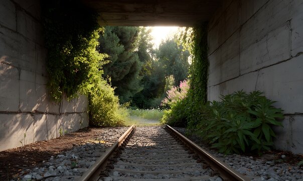 a light at the end of a tunnel so distant comes into view and illuminates the train tracks and surrounding walls