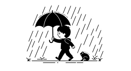 Child with umbrella walking dog in rainy weather with grass and puddles sketch