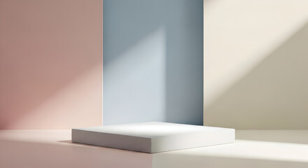 Fototapeta premium Minimalist product podium display with a colorful geometric background and soft light