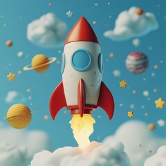 Rocket launching into space digital illustration fantasy environment whimsical viewpoint kids concept