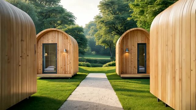 Modern Tiny Wooden Houses in Scenic Countryside Landscape with Green Lawn and Blue Sky