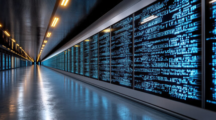 Digital corridor with glowing data displays creates futuristic atmosphere