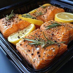 Grilled salmon fillets with lemon and rosemary kitchen food photography indoor close-up culinary delight