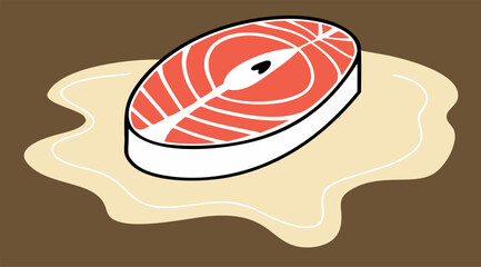 Salmon steak on creamy liquid with camera outline, minimal style illustration
