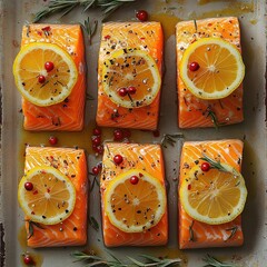 Cooking salmon with lemon and spices kitchen food photography bright setting close-up culinary art