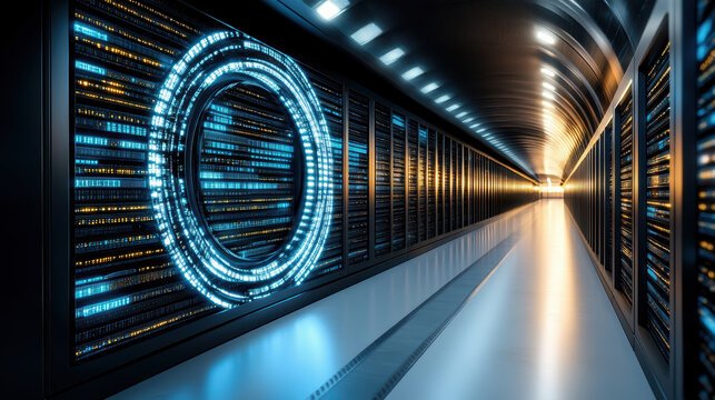 Futuristic data center with illuminated server racks and holographic displays, showcasing
