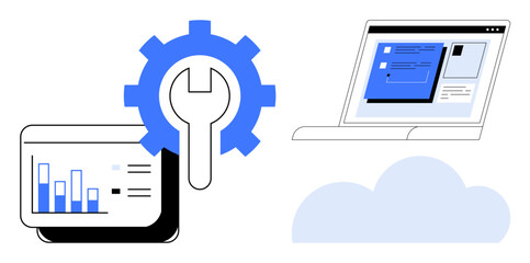 Fototapeta premium Gear with wrench, analytics dashboard, and laptop networked via cloud. Ideal for technology, software, cloud computing, analytics, IT solutions data processing and innovation. Simple flat metaphor