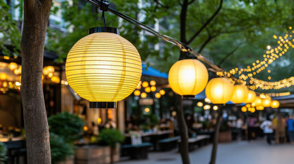 Fototapeta premium Hanging lanterns illuminate vibrant market street, creating warm and inviting atmosphere