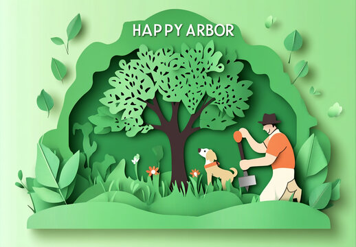A heartwarming arbor day illustration featuring a man planting a tree with his dog, symbolizing environmental stewardship and the joy of nature