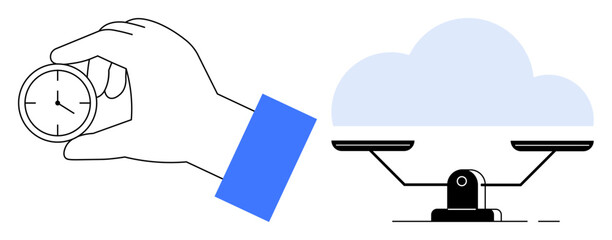 Fototapeta premium Hand holding a stopwatch next to a scale balancing a cloud. Ideal for concepts of time management, cloud computing, balance, productivity, innovation, digital transformation, efficiency. A simple