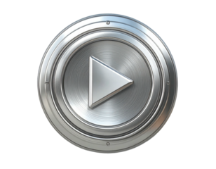 Metallic play button, circular, brushed metal, 3D rendering, play icon,  high-tech