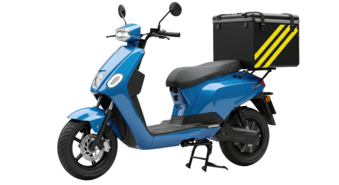 Modern glossy blue electric scooter with black delivery box, yellow stripes, black wheels, LED headlights, on transparent studio background with copy space, concept for urban delivery logistics