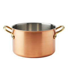 Pristine copper cooking pot with a brushed finish and ergonomic matching handles, isolated on a transparent background, concept of modern craftsmanship and functional beauty