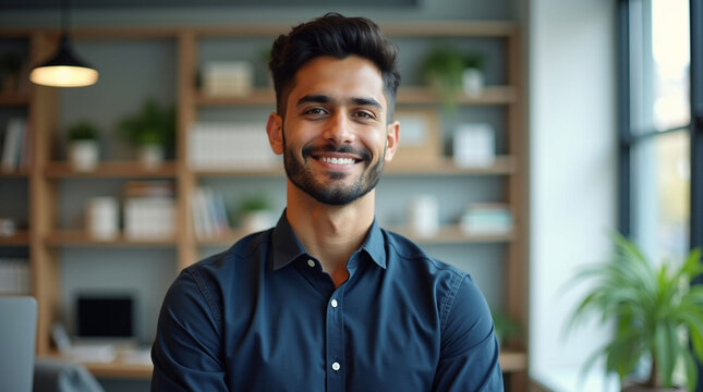 Confident Young Businessman Smiling in a Modern Office Environment
