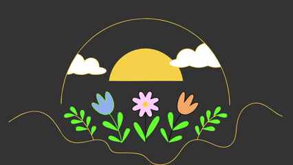 Minimal floral sunrise with colorful spring flowers and leaves in cheerful line art style