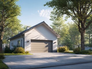 Naklejka premium Modern Suburban Home: A captivating view of a modern suburban home, framed by lush greenery and under a bright, sunny sky.