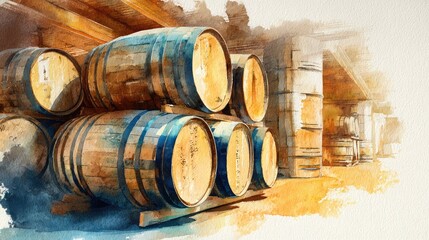 Watercolor Distillery Scene with Bourbon Barrels