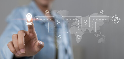 Businesswoman touching virtual screen on computer screen. Project planning or strategy process. Destination point icon and end with goal achievement.