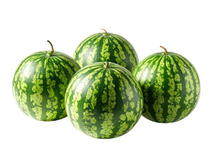 Four round watermelons, clustered together, vibrant green with prominent dark green stripes