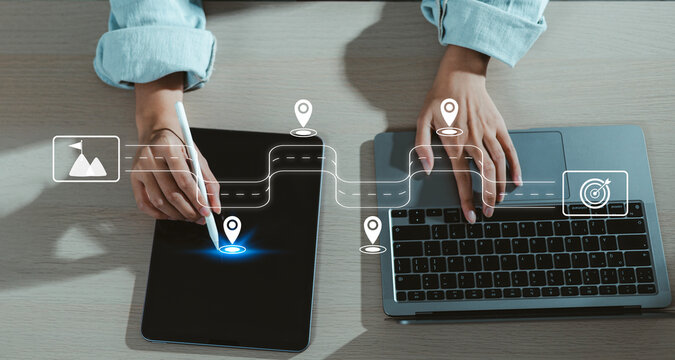 Businesswoman touching virtual screen on computer screen. Project planning or strategy process. Destination point icon and end with goal achievement.