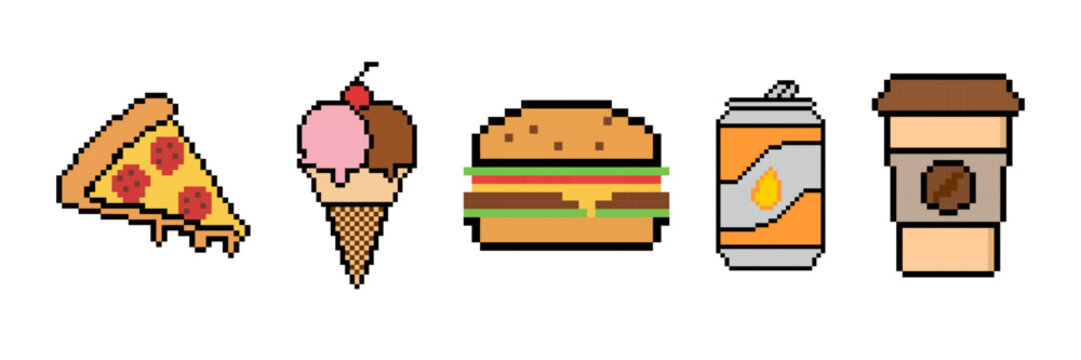 Fast food pixel art or pixelated food icons, including a veg burger, a slice of pizza, a cone of ice cream, an orange juice can, and a disposable coffee cup, vector illustration set.