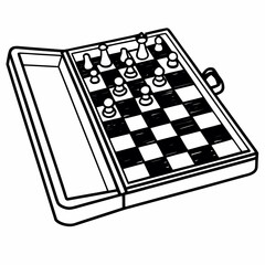 A chess set with pieces arranged on a checkered board in a portable case in black and white line art
