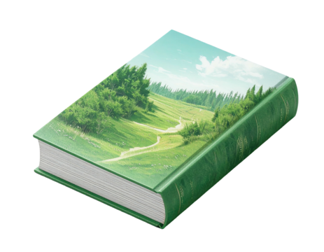 Green book with nature scene cover, angled view