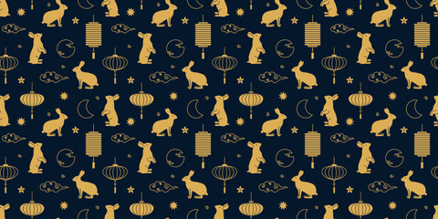 Mid-autumn seamless pattern on black background. Gold rabbit, moon, lantern for tile and fabric square design. Vector illustration in flat style. Chinese traditional backdrop for poster banner card © Zhi_zhi_art