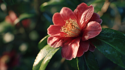 Obraz premium A vivid flower takes center stage, presenting a rich, rosy red hue that graduates into deeper shades