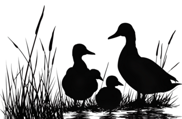 duck family silhouette with reeds and grass, duck wall art in the style of black and white vector svg clipart 