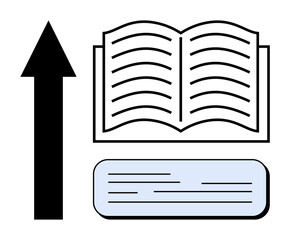 Open book, large vertical arrow, and highlighted text element. Ideal for education, learning, progress, success, leadership, self-improvement and academic achievement in a simple flat metaphor