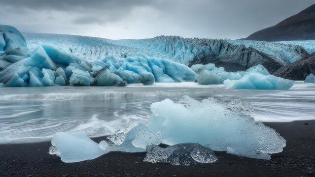 Glacial icebergs on a black sand beach - Powered by Adobe