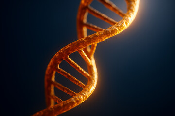 Golden DNA double helix — glowing 3D macro on dark background