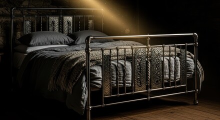 Elegant chrome bed frame in a darkly lit room with subtle sunlight casting a warm glow
