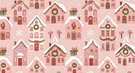 Christmas Village Scene with Snow-Covered Houses and Gift Boxes