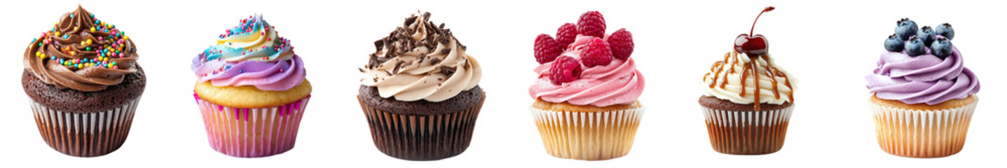 A selection of delicious cupcakes with cream and various fillings isolated on a transparent background PNG