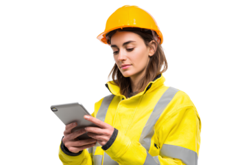 female construction worker using a tablet, isolated on a transparent background