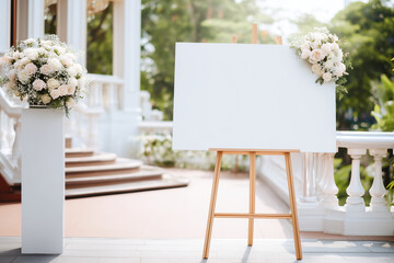 Blank white welcome sign on an easel surrounded by pastel floral arrangements at an elegant outdoor wedding venue, capturing a romantic ceremony entrance and soft natural light.