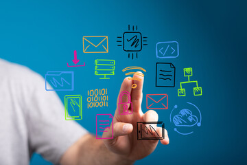 Hand interacting with digital icons,network, technology, connection, data, internet, cloud, communication, innovation, future, progress,