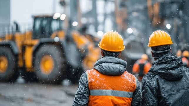 Workers in Safety Gear Overlooking Construction Site in Winter Snow with Heavy Machinery