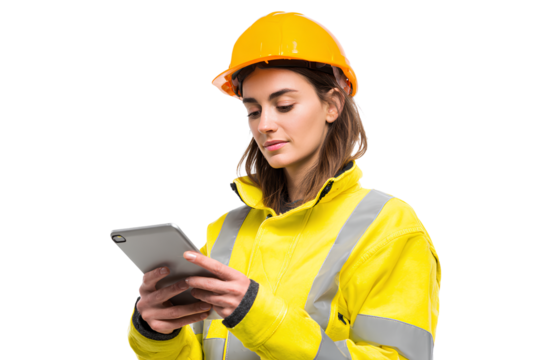 female construction worker using a tablet, isolated on a transparent background