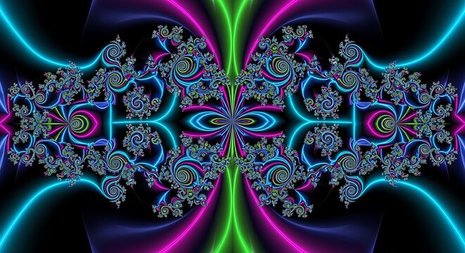 A vibrant, symmetrical design showcases intricate, swirling patterns in neon colors against a dark background.