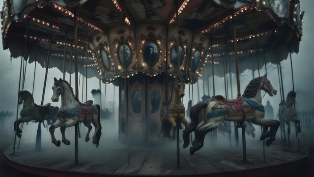 A vintage carousel shrouded in mist
