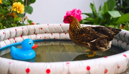 A chicken and duckling in a kiddie pool