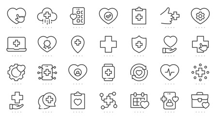 Healthcare and medical icons with heart, hospital, cross, patient, consultation, telemedicine, insurance, monitoring, recovery, and wellness treatment symbols