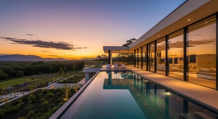 Fototapeta premium Luxury modern home with an infinity pool overlooking a breathtaking sunset landscape